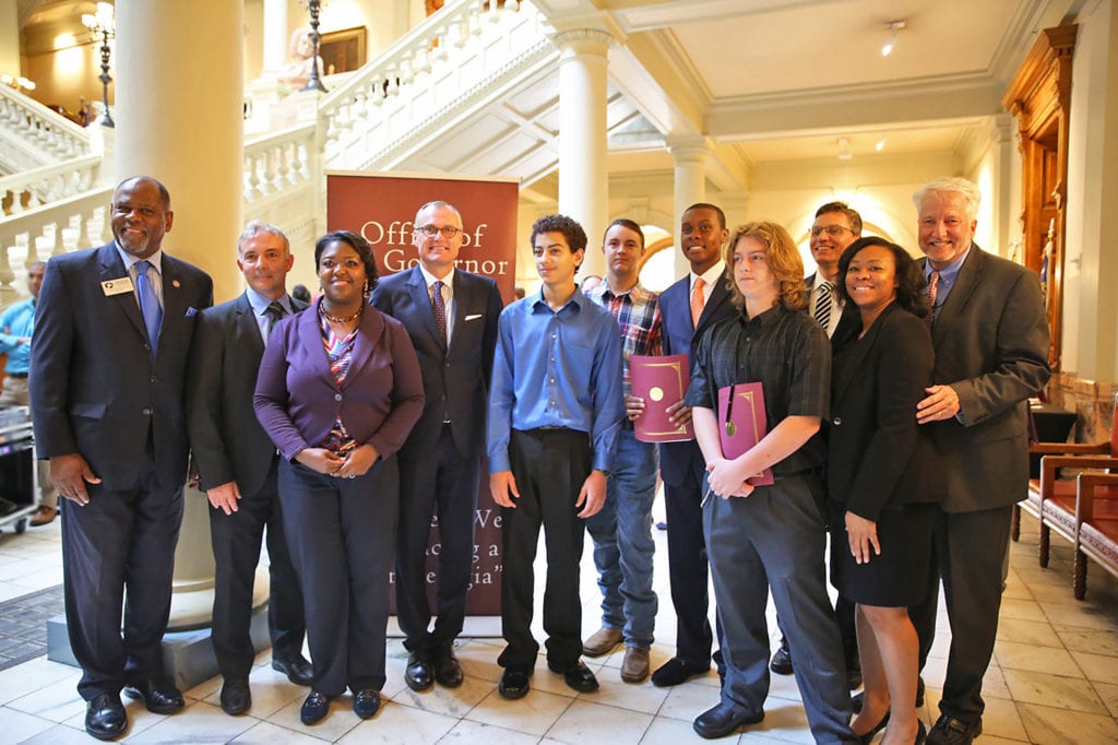 Rockdale apprentice08-14-17 RCA GA CATT signing Lt Gov Cagle, State Sen Tonya Anderson, GPTC Pres Dr Jabari Simama, CREDC Dir Marty Jones, Bosch grp, Haver & Boeker grp