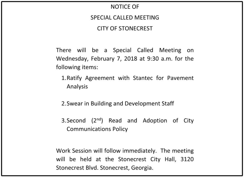 NOTICE OF SPECIAL CALLED MEETING 020718